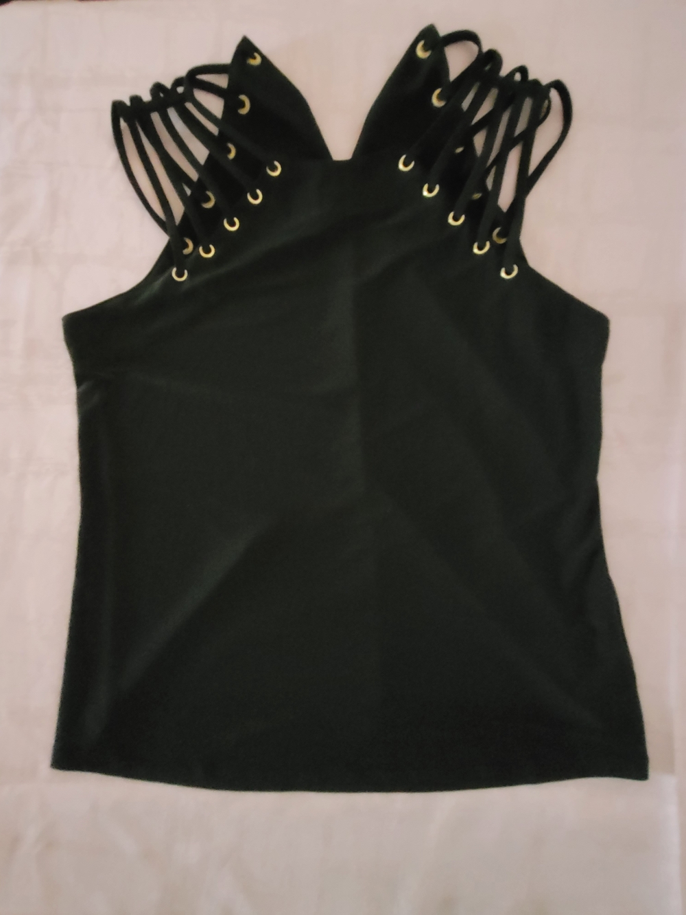 AUW Black Strappy Tank with Gold Eyelet Detail